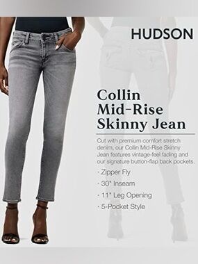 Hudson Jeans Collin Mid-Rise Skinny Jeans -  Stone Gray Sz 31